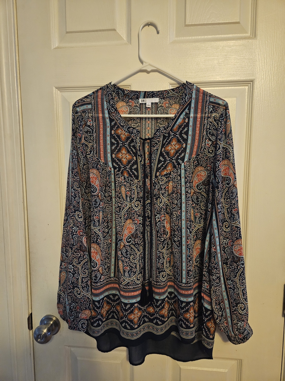 DR2 Navy Paisley Tie-Front Blouse with Coral & Teal Accents